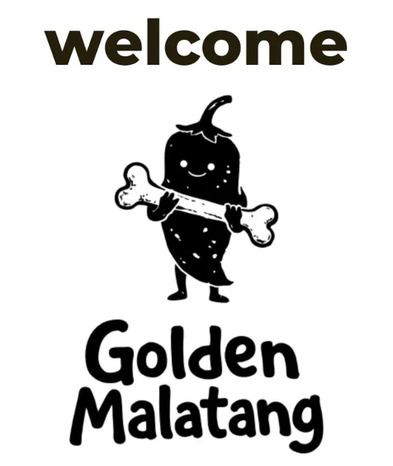 Welcome logo with chili mascot holding a bone at Golden Malatang, a Malatang Restaurant in San Jose