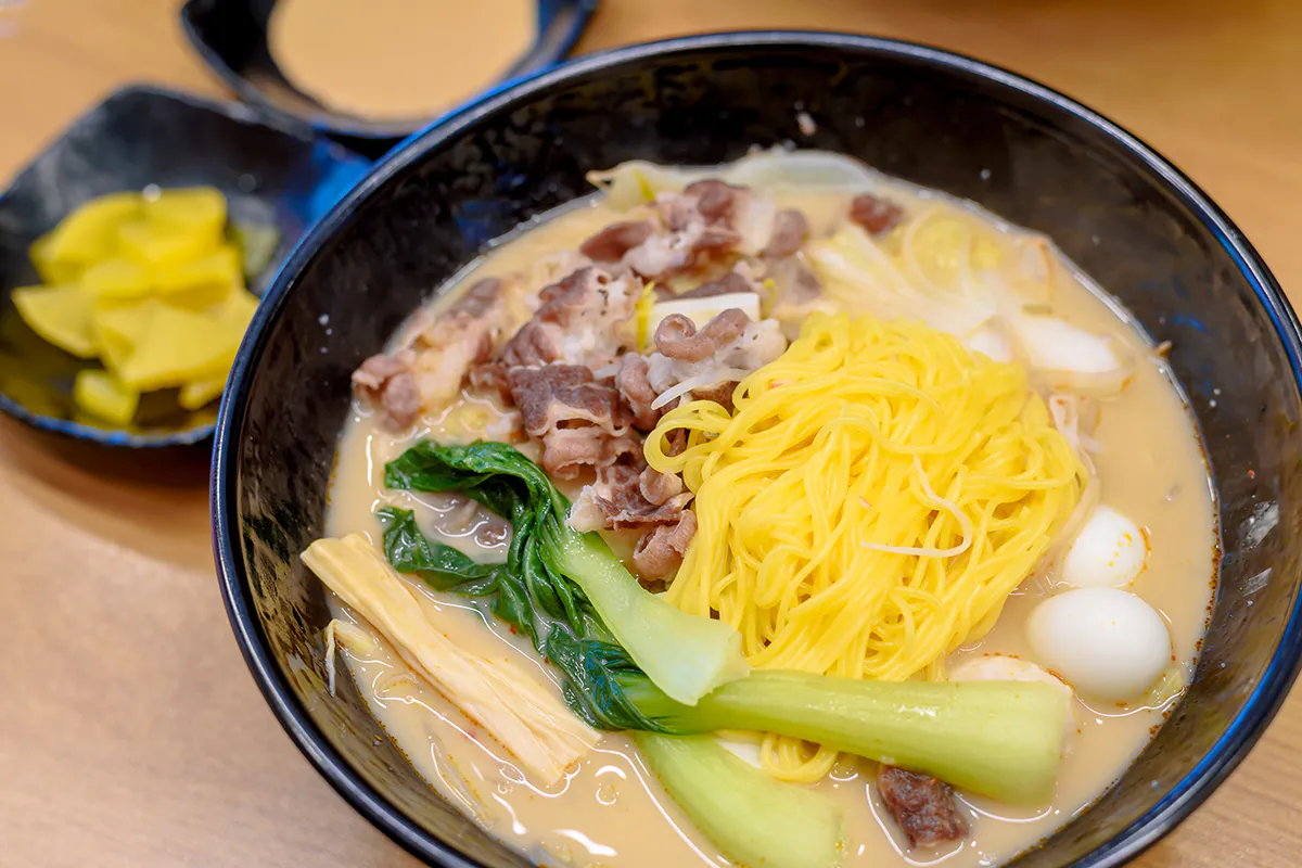 Creamy noodle soup with beef and bok choy at Golden Malatang, a Malatang Restaurant in San Jose
