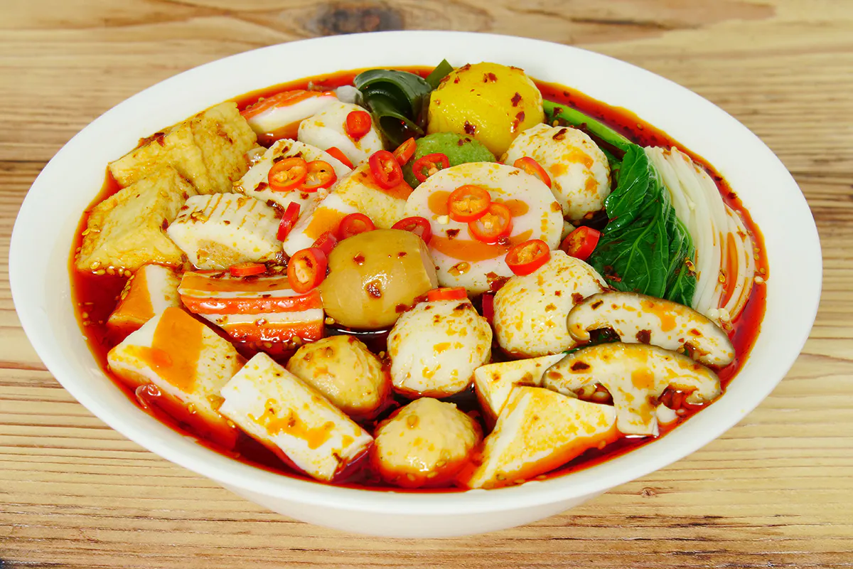 Spicy malatang bowl with fish balls and tofu at Golden Malatang, a Malatang Restaurant in San Jose