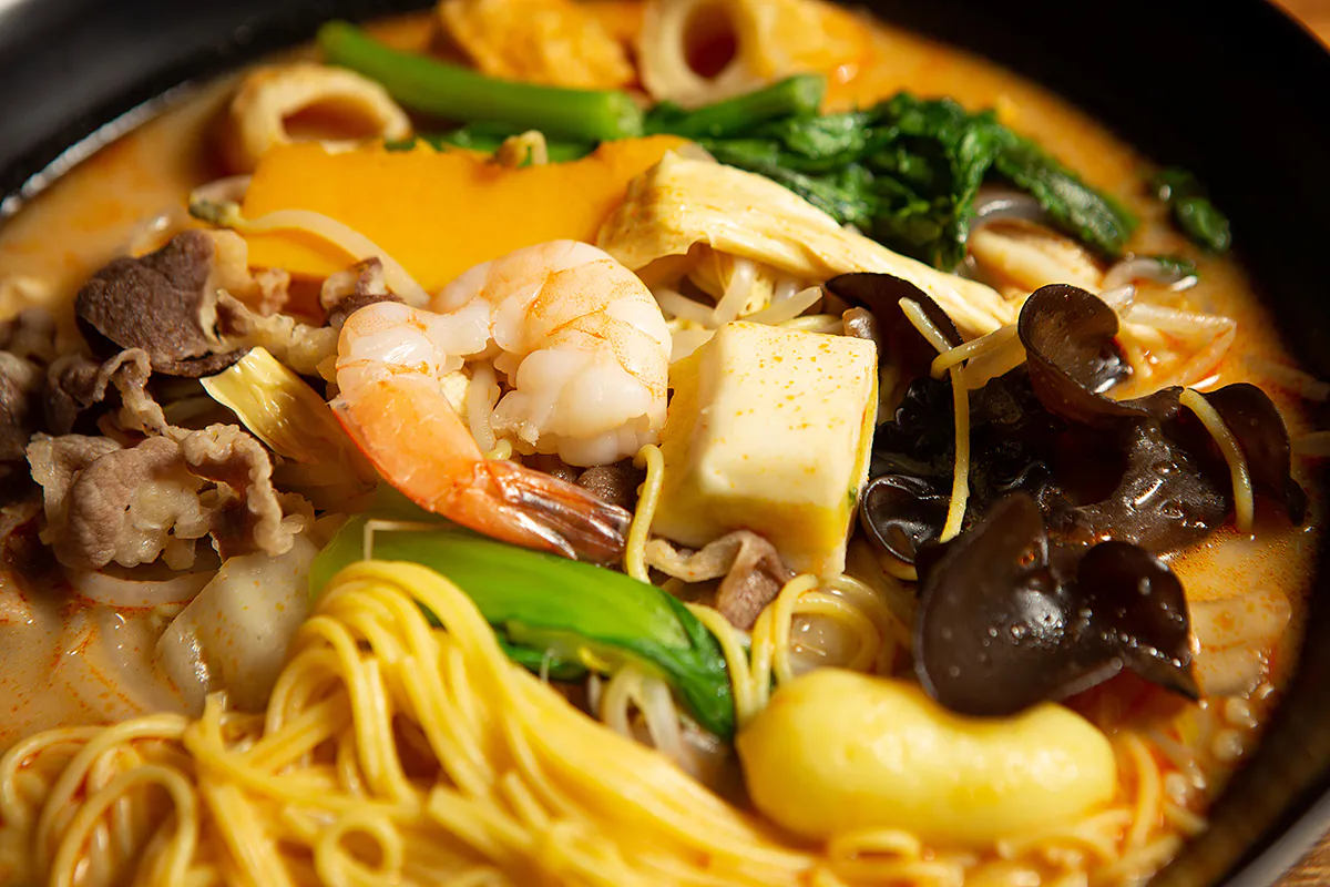 Malatang noodles with shrimp tofu and vegetables at Golden Malatang, a Malatang Restaurant in San Jose